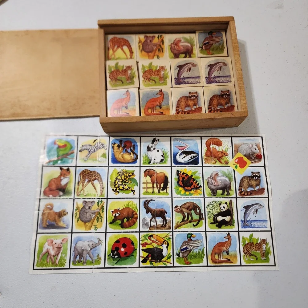 Vintage Wooden Animal Memory Matching Game 28 Piece Set with Storage Box 714630